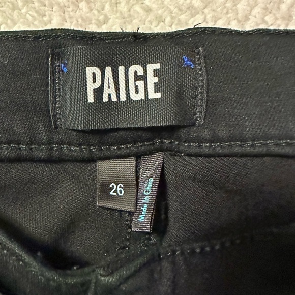PAIGE Black Shadow Clean Front Genevieve Wide Leg Flare Jeans Buckle Detail - Picture 13 of 16